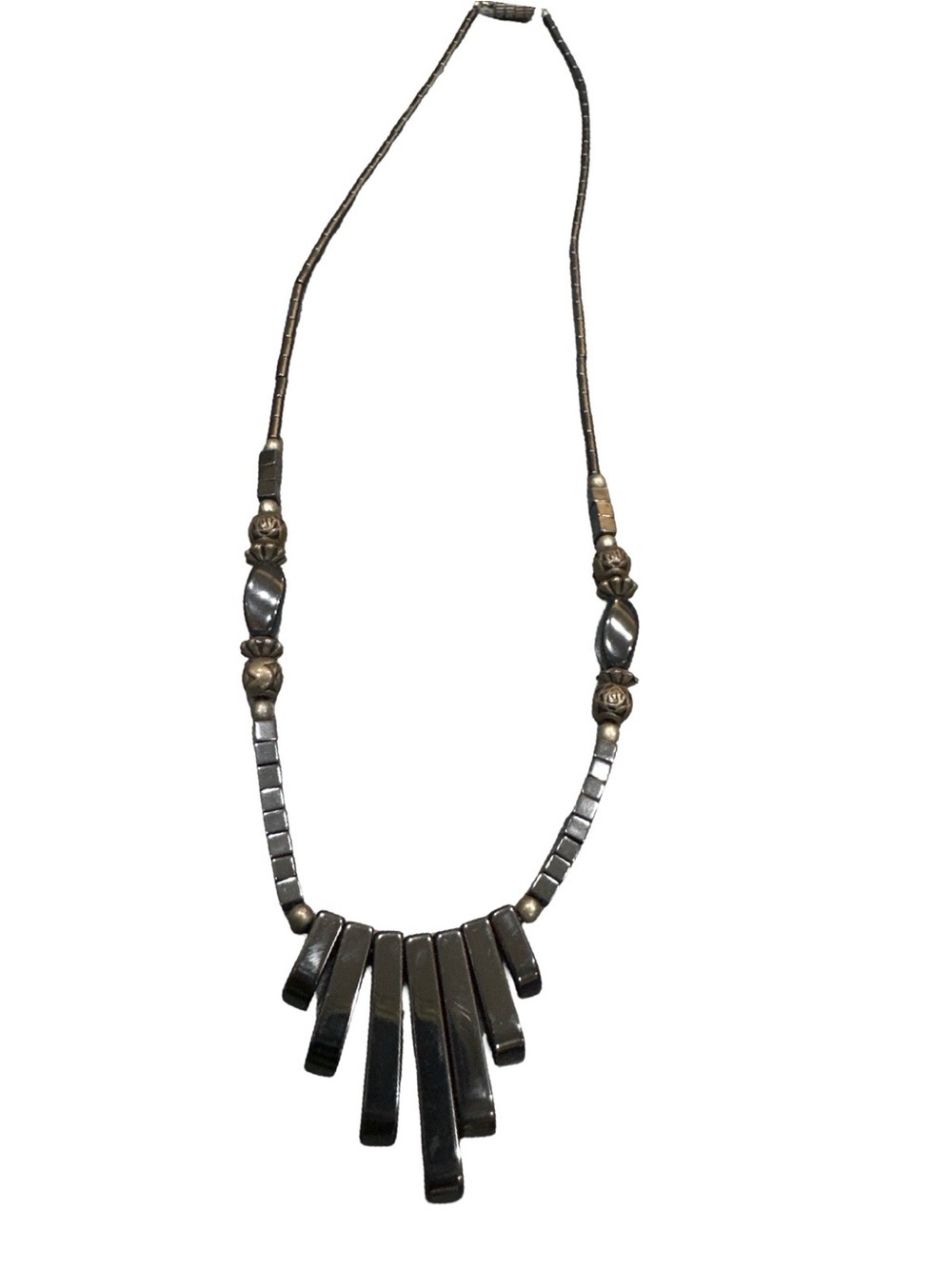 Hematite and Brass Tone Spike Pendant Necklace - Black